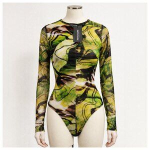 PrettyLittleThing Mesh Bodysuit NWT US 8 Green Abstract Long Sleeve